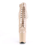 Stiefelette in nude Lack mit Schnürung, 20 cm hohem Absatz und 10 cm Plateau von Pleaser.