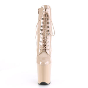 Stiefelette in nude Lack mit Schnürung, 20 cm hohem Absatz und 10 cm Plateau von Pleaser.