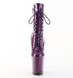 Stiefelette in lila Lack mit Schnürung, 20 cm hohem Absatz und 10 cm Plateau von Pleaser.