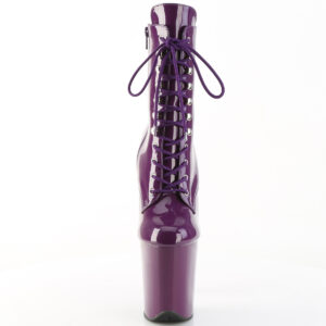 Stiefelette in lila Lack mit Schnürung, 20 cm hohem Absatz und 10 cm Plateau von Pleaser.