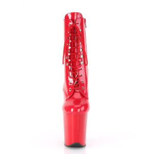 Stiefelette in rot Lack mit Schnürung, 20 cm hohem Absatz und 10 cm Plateau von Pleaser.