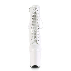 Stiefelette in weiss Lack mit Schnürung, 20 cm hohem Absatz und 10 cm Plateau von Pleaser.