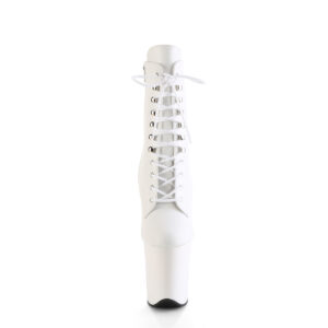 Stiefelette in weiss Kunstleder mit Schnürung, 20 cm hohem Absatz und 10 cm Plateau von Pleaser.