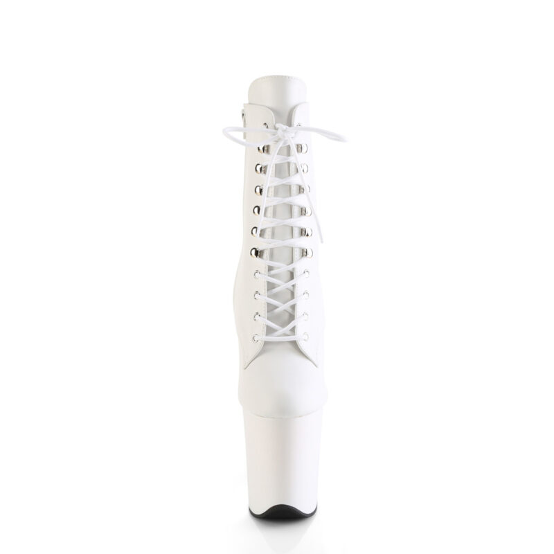 Stiefelette in weiss Kunstleder mit Schnürung, 20 cm hohem Absatz und 10 cm Plateau von Pleaser.