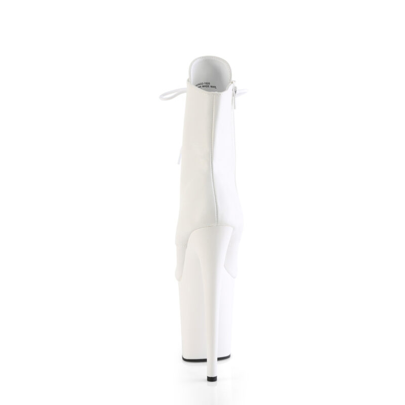 Stiefelette in weiss Kunstleder mit Schnürung, 20 cm hohem Absatz und 10 cm Plateau von Pleaser.