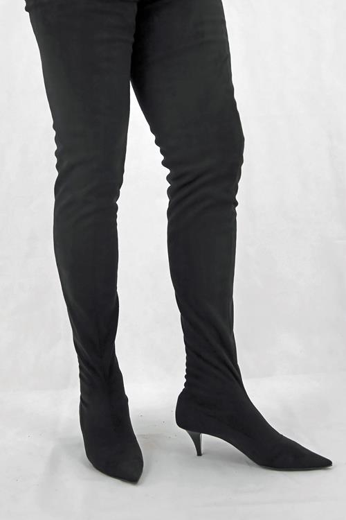 Langer schwarzer Miceli Velour Overknee Stiefel Overknee Stiefel schrittlang mit 7 cm Stiletto Absatz, schwarz Stretchvelour von Miceli-Made in Italy.