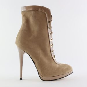 High Heel Plateau Stiefelette in beige Velourleder mit Schnürung und Reißverschluss von Miceli-Made in Italy. 12 cm Absatz.