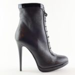 High Heel Plateau Stiefelette in schwarz Leder mit Schnürung und Reißverschluss von Miceli-Made in Italy. 12 cm Absatz.