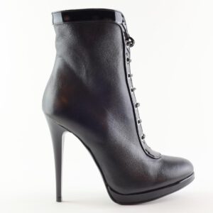 High Heel Plateau Stiefelette in schwarz Leder mit Schnürung und Reißverschluss von Miceli-Made in Italy. 12 cm Absatz.