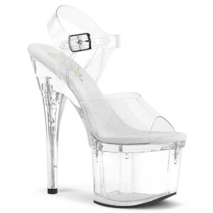 Durchsichtige Plateau Sandalette mit 17,5 cm Ansatz, 7,5 cm Plateau und heller weichgepolsterter Lederinnensohle von Pleaser USA.