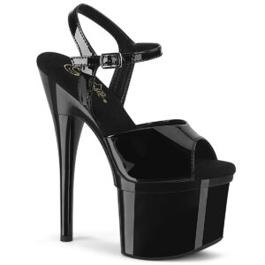 Schwarze Plateau Sandalette mit 17,5 cm Ansatz, 7,5 cm Plateau und weichgepolsterter Lederinnensohle von Pleaser USA.