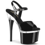 Schwarz-klare Plateau Sandalette mit 17,5 cm Ansatz, 7,5 cm Plateau und weichgepolsterter Lederinnensohle von Pleaser USA.