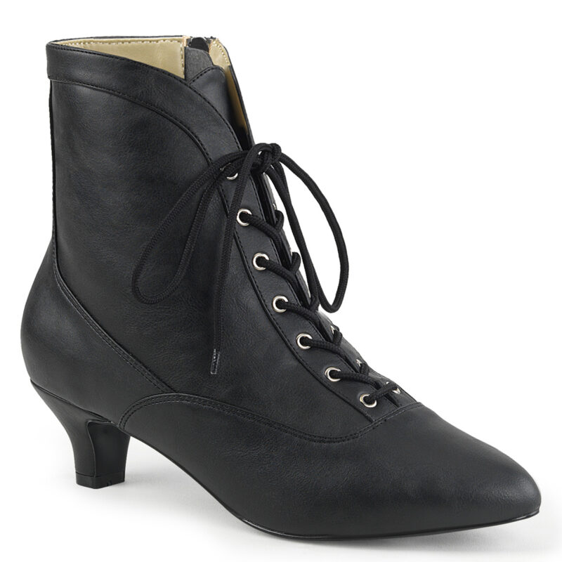 Schwarze Stiefelette mit Schnürung, Reißverschluss und 5 cm Blockabsatz in Kunstleder von Pleaser USA.