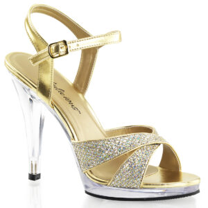 High Heel Riemchen Sandalette gold Glitter Strass mit durchsichtigem Mini-Plateau und Absatz von Fabulicious by Pleaser, 11,5 cm Absatz, 1 cm Plateau.