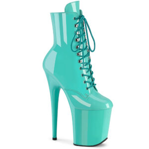 Stiefelette in aqua Lack mit Schnürung, 20 cm hohem Absatz und 10 cm Plateau von Pleaser.
