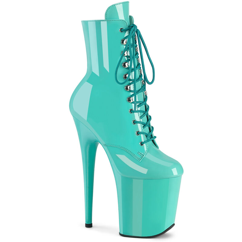 Stiefelette in aqua Lack mit Schnürung, 20 cm hohem Absatz und 10 cm Plateau von Pleaser.