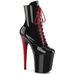 Zweifarbige Stiefelette schwarz Lack mit roter Schnürung, rotem 20 cm hohem Absatz und 10 cm Plateau von Pleaser.