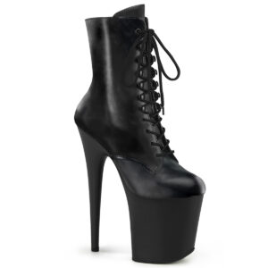 Stiefelette in schwarz Leder mit Schnürung, 20 cm hohem Absatz und 10 cm Plateau von Pleaser.