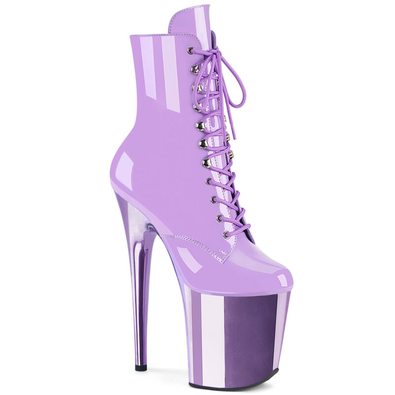 Stiefelette in lavendel Lack mit Schnürung, 20 cm hohem Absatz und 10 cm lavendel Chrom Plateau von Pleaser.
