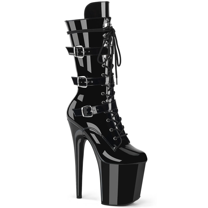 Stiefelette wadenhoch in schwarz Lack mit Schnürung und 3 Schnallen, 20 cm hohem Absatz und 10 cm Plateau von Pleaser.