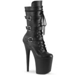Stiefelette wadenhoch in schwarz Kunstleder mit Schnürung und 3 Schnallen, 20 cm hohem Absatz und 10 cm Plateau von Pleaser.