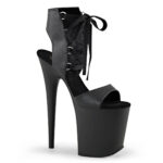 Trendige Plateau Sandalette im Bootie-Style, schwarz Kunstleder mit Schnürung von Pleaser, mit 20 cm hohem High Heel Absatz und 10 cm Plateau. Das Obermaterial ist schwarz Kunstleder. Die Lederinnensohle ist weichgepolstert.