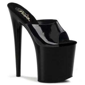 FLAMINGO-801 Plateau Pantolette schwarz Lack von Pleaser USA mit 20 cm hohem High Heel Absatz und 10 cm Plateau. Die Lederinnensohle ist weichgepolstert.