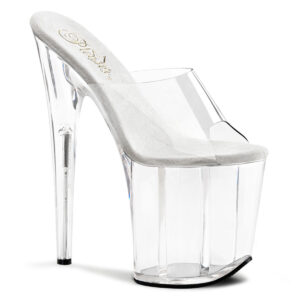 Durchsichtige Pantolette mit heller Innensohle von Pleaser, 20 cm Absatz, 10 cm Plateau.
