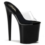 FLAMINGO-801 High Heel Plateau Pantolette schwarz Lack mit durchsichtigem Vorderblatt von Pleaser, 20 cm Absatz, 10 cm Plateau.