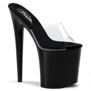 FLAMINGO-801 High Heel Plateau Pantolette schwarz Lack mit durchsichtigem Vorderblatt von Pleaser, 20 cm Absatz, 10 cm Plateau.