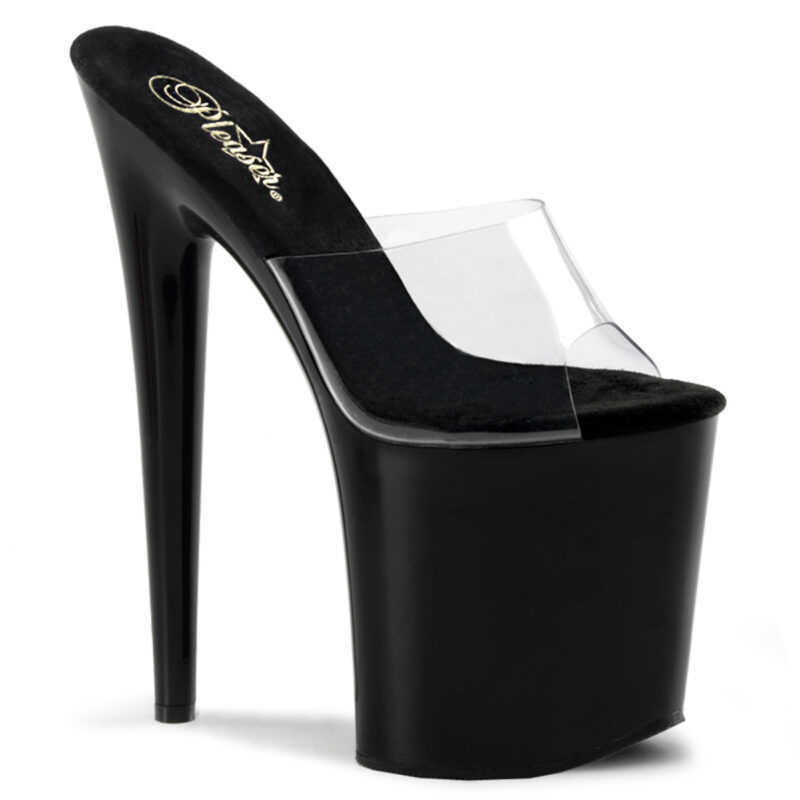 FLAMINGO-801 High Heel Plateau Pantolette schwarz Lack mit durchsichtigem Vorderblatt von Pleaser, 20 cm Absatz, 10 cm Plateau.