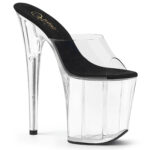 Durchsichtige Pantolette mit schwarzer Innensohle von Pleaser, 20 cm Absatz, 10 cm Plateau.