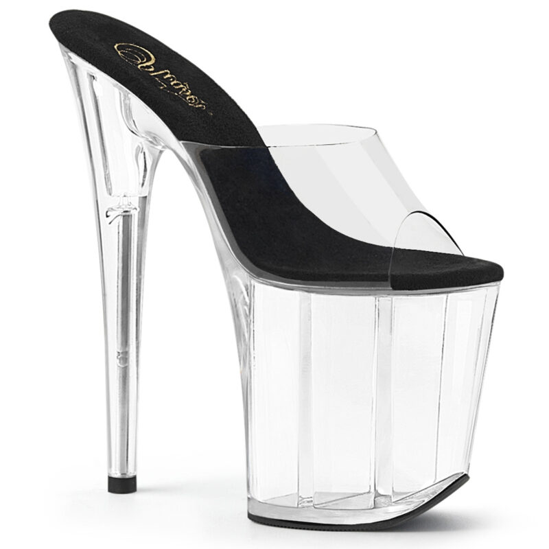 Durchsichtige Pantolette mit schwarzer Innensohle von Pleaser, 20 cm Absatz, 10 cm Plateau.