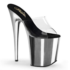 Durchsichtige Pantolette mit silberfarbigem Chrom Plateau von Pleaser, 20 cm Absatz, 10 cm Plateau.