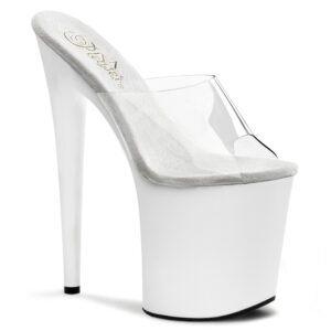 Durchsichtige Pantolette mit weissem Plateau von Pleaser, 20 cm Absatz, 10 cm Plateau.