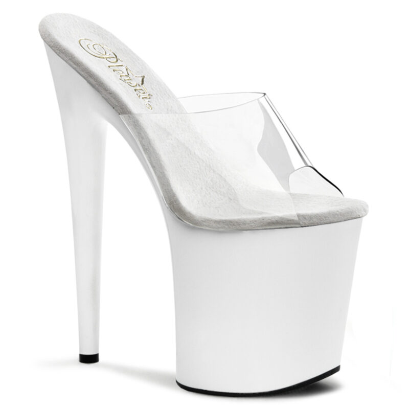 Durchsichtige Pantolette mit weissem Plateau von Pleaser, 20 cm Absatz, 10 cm Plateau.