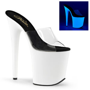 Durchsichtige Pantolette mit UV-Plateau in neon weiss mit 20 cm Absatz und 10 cm Plateau von Pleaser USA.