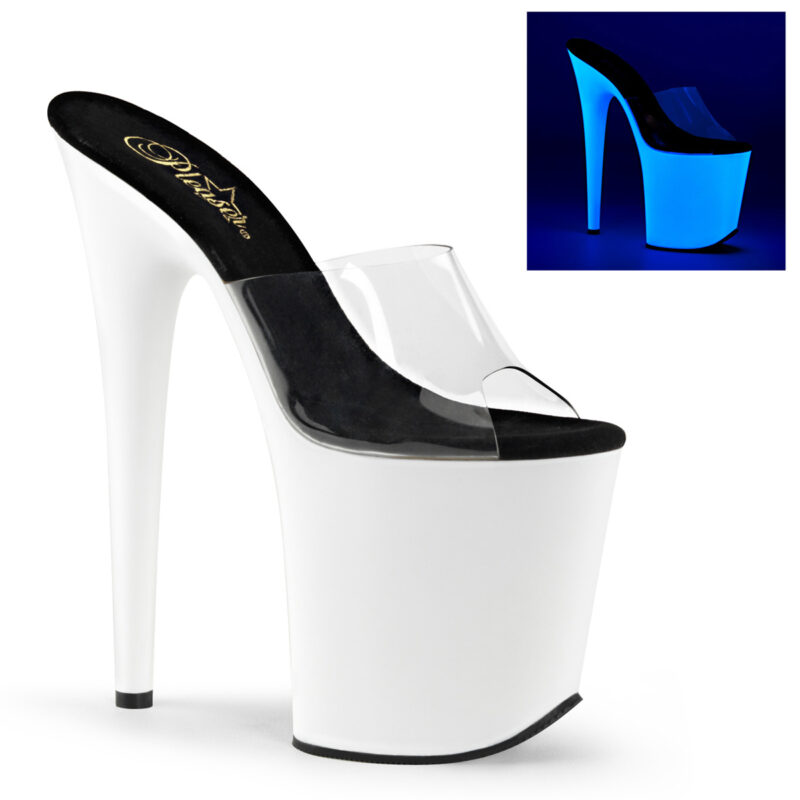 Durchsichtige Pantolette mit UV-Plateau in neon weiss mit 20 cm Absatz und 10 cm Plateau von Pleaser USA.