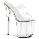 Durchsichtige High Heel Plateau Pantolette mit zusätzlichem Riemchen von Pleaser, 20 cm Absatz, 10 cm Plateau.
