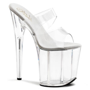 Durchsichtige High Heel Plateau Pantolette mit zusätzlichem Riemchen von Pleaser, 20 cm Absatz, 10 cm Plateau.