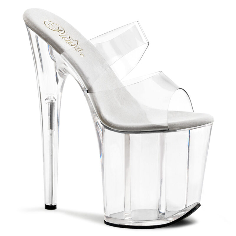 Durchsichtige High Heel Plateau Pantolette mit zusätzlichem Riemchen von Pleaser, 20 cm Absatz, 10 cm Plateau.