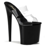 High Heel Plateau Pantolette schwarz Lack mit durchsichtigem Vorderblatt und zusätzlichem Riemchen von Pleaser, 20 cm Absatz, 10 cm Plateau.