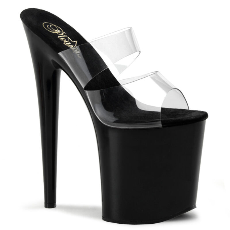 High Heel Plateau Pantolette schwarz Lack mit durchsichtigem Vorderblatt und zusätzlichem Riemchen von Pleaser, 20 cm Absatz, 10 cm Plateau.