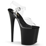 FLAMINGO-808 Durchsichtige High Heels Riemchen Sandalette mit schwarzem Plateau von Pleaser USA mit 20 cm Absatz und 10 cm Plateau, mit weicher Lederinnensohle.