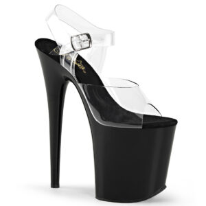 FLAMINGO-808 Durchsichtige High Heels Riemchen Sandalette mit schwarzem Plateau von Pleaser USA mit 20 cm Absatz und 10 cm Plateau, mit weicher Lederinnensohle.