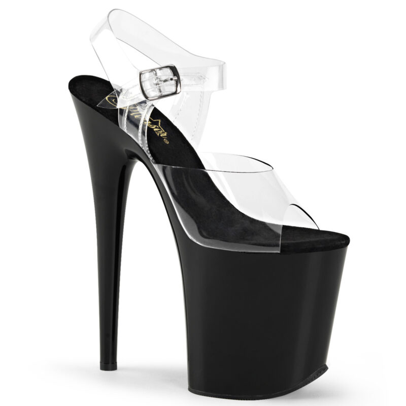FLAMINGO-808 Durchsichtige High Heels Riemchen Sandalette mit schwarzem Plateau von Pleaser USA mit 20 cm Absatz und 10 cm Plateau, mit weicher Lederinnensohle.