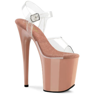 FLAMINGO-808 Durchsichtige High Heels Riemchen Sandalette mit blushfarbenem Plateau von Pleaser USA mit 20 cm Absatz und 10 cm Plateau, mit weicher Lederinnensohle.
