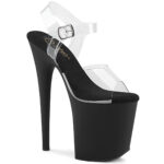 FLAMINGO-808 Durchsichtige High Heels Riemchen Sandalette mit mattschwarzem Plateau von Pleaser USA mit 20 cm Absatz und 10 cm Plateau, mit weicher Lederinnensohle.