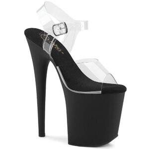 FLAMINGO-808 Durchsichtige High Heels Riemchen Sandalette mit mattschwarzem Plateau von Pleaser USA mit 20 cm Absatz und 10 cm Plateau, mit weicher Lederinnensohle.