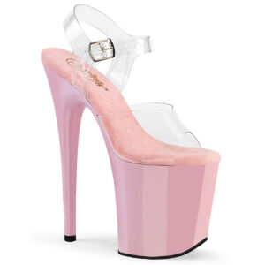 FLAMINGO-808 Durchsichtige High Heels Riemchen Sandalette mit baby pinkem Plateau von Pleaser USA mit 20 cm Absatz und 10 cm Plateau, mit weicher Lederinnensohle.